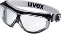 Uvex carbonvision veiligheidsbril met heldere lenzen en donkergrijze rand. Witte band met Uvex logo.
