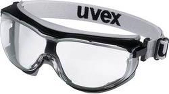 Uvex carbonvision veiligheidsbril met heldere lenzen en donkergrijze rand. Witte band met Uvex logo.