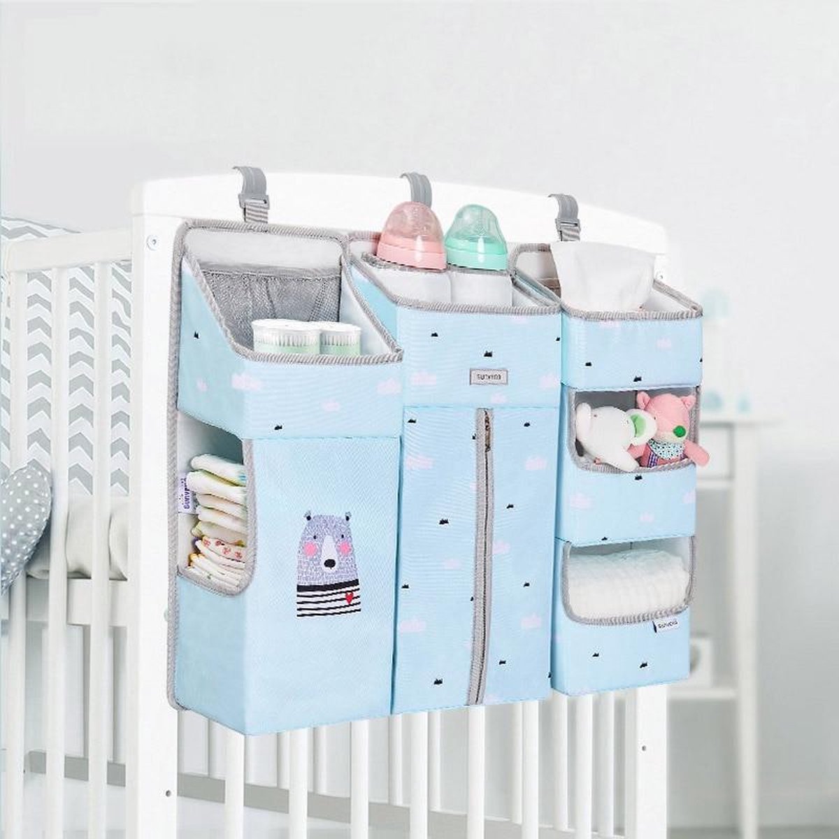 Sac De Rangement Suspendu Pour Lit Bébé - 2 Poches, Coton Lavable, Sangles Réglables, Organisateur Berceau Ou Pépinière