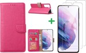 Hoesje Geschikt Voor Samsung Galaxy S21 Plus hoesje wallet case Pink - Galaxy s21 Plus hoesje bookcase portemonnee book case hoes cover hoesjes met 2 pack Screenprotector