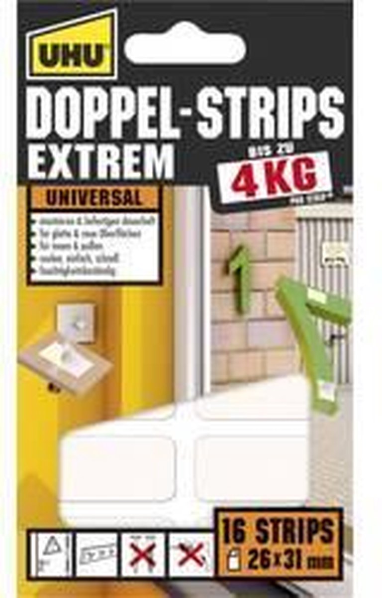UHU 45450 45450 Dubbelzijdige zelfklevende strips UHU Wit (l x b) 31 mm x 26 mm 16 stuk(s)