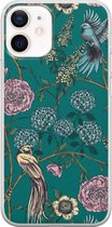 iPhone 12 mini hoesje - Vogels Japanse bloemen - Soft Case Telefoonhoesje - Bloemen - Blauw