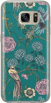 Samsung Galaxy S7 siliconen hoesje - Vogels Japanse bloemen - Soft Case Telefoonhoesje - Blauw - Bloemen