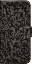 Made-NL Handmade Echt Leer Book Case Voor Samsung Galaxy A51 5G Donkerblauw leder met grijze bloemen.