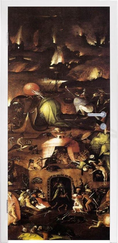 Deursticker met schilderij van Jheronimus Bosch: linker binnenluik van het Laatste Oordeel-triptiek met een helse scène met vurige landschappen en figuren.
