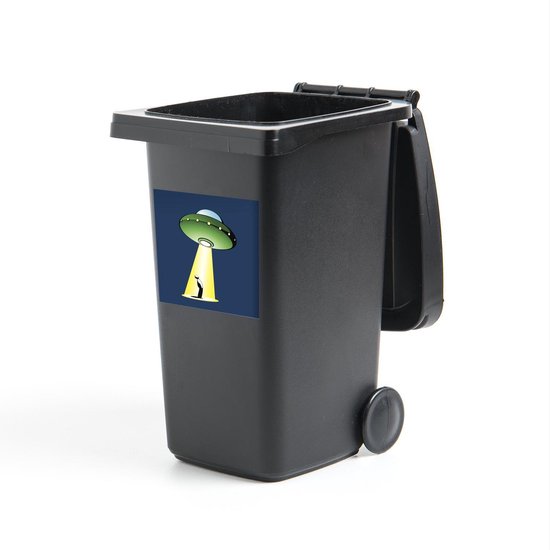 Container sticker UFO illustratie - Een illustratie van een UFO die een persoon inspecteert Klikosticker - 40x40 cm - kliko sticker - weerbestendige containersticker