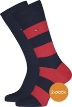 Tommy Hilfiger Rugby Stripe Socks (2-pack) - herensokken katoen gestreept en uni - blauw met rood - Maat: 43-46