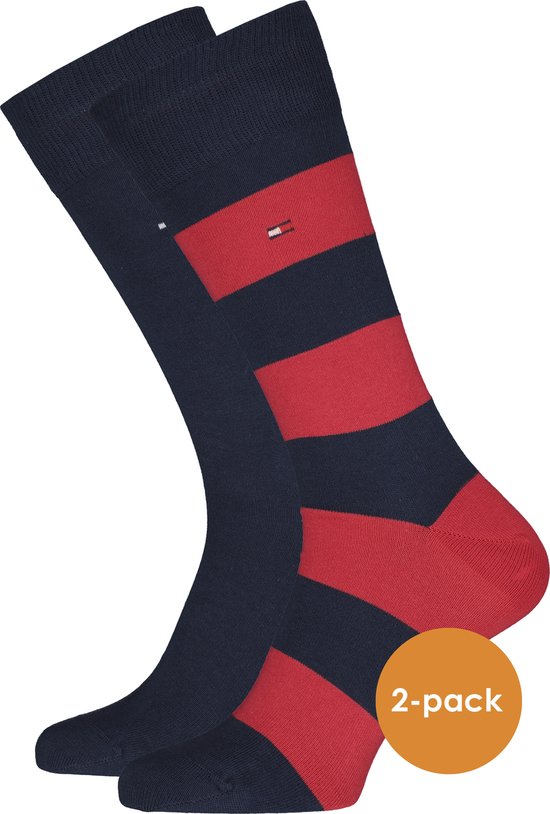 Tommy Hilfiger Rugby Stripe Socks (2-pack) - herensokken katoen gestreept en uni - blauw met rood - Maat: 43-46