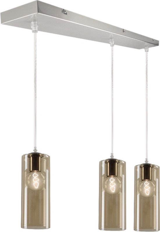 Olucia Hatice - Design Hanglamp - 3L - Glas/Metaal - Amber;Chroom - Rechthoek
