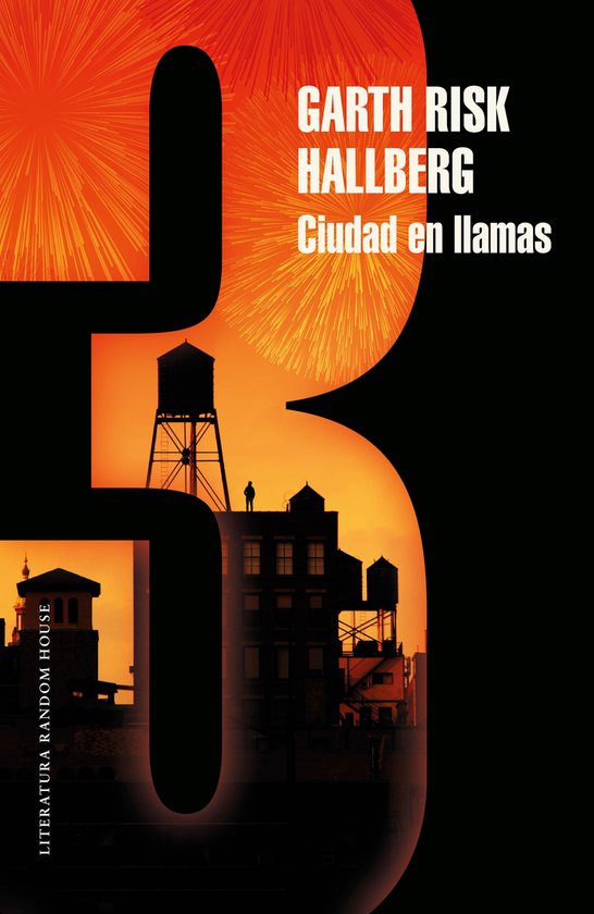 Boekomslag van 'Ciudad en llamas (Parte 3)' van Garth Risk Hallberg, met een silhouet van een stad bij zonsondergang tegen een oranje achtergrond.