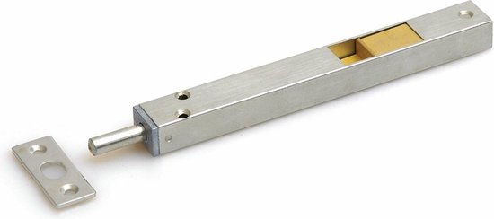Zilverkleurige kantschuif met bout en sluitplaat, van metaal.