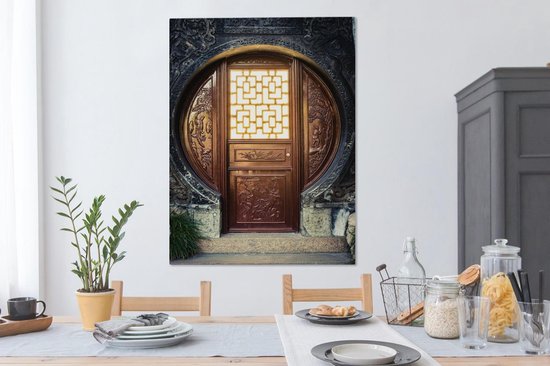 Traditionele Chinese deur Canvas 90x120 cm - Foto print op Canvas schilderij (Wanddecoratie woonkamer / slaapkamer)