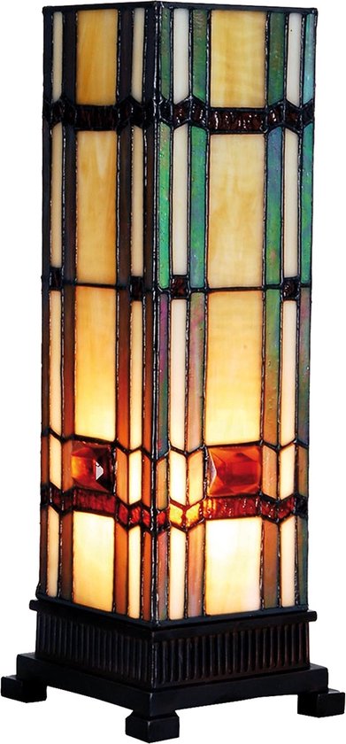 LumiLamp Tiffany Tafellamp 12x12x35 cm Beige Groen Glas Rechthoek Tiffany Bureaulamp