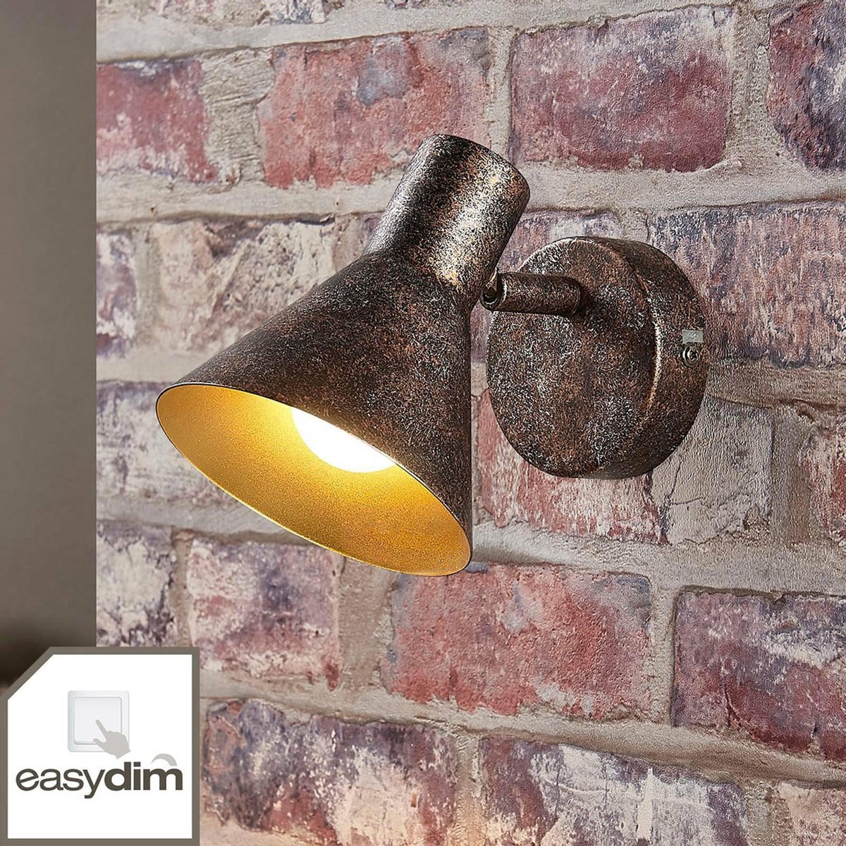Lindby - wandlamp- met dimmer - 1licht - metaal - H: 11 cm - E14 - antiek roestkleurig, goud