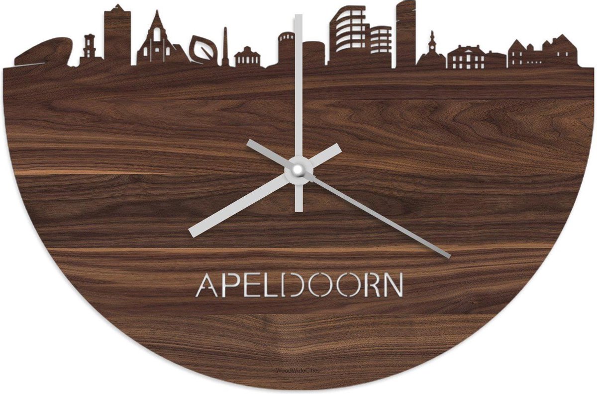 Skyline Klok Apeldoorn Notenhout - Ø 40 cm - Stil uurwerk - Wanddecoratie - Meer steden beschikbaar - Woonkamer idee - Woondecoratie - City Art - Steden kunst - Cadeau voor hem - Cadeau voor haar - Jubileum - Trouwerij - Housewarming - WoodWideCities
