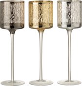 J-Line Theelichthouder Op Voet Graanmotief Glas Zilver/Goud/Grijs Large Assortiment Van 3