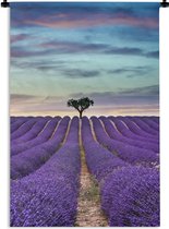 Tapisserie Lavande - Champ de lavande au coucher du soleil avec arbre à l'horizon Tapisserie murale coton 90x135 cm - Tapisserie murale avec photo