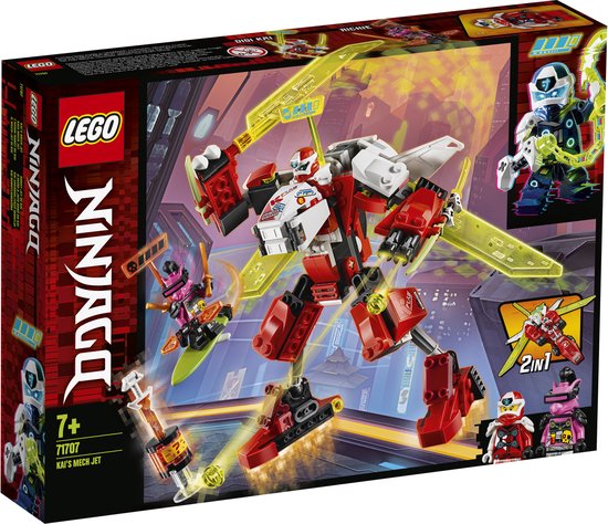 Doos van LEGO NINJAGO Kai's Mech Jet met 2-in-1 actiefiguur en minifiguren.