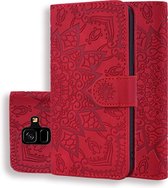 Kalfspatroon Dubbel opvouwbaar ontwerp ReliÃ«f lederen tas met portemonnee en houder en kaartsleuven voor Galaxy A6 (2018) (rood)