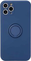 Voor iPhone 11 effen kleur vloeibare siliconen schokbestendige volledige dekking beschermhoes met ringhouder (donkerblauw)