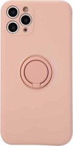 Voor iPhone 11 Pro Max effen kleur vloeibare siliconen schokbestendige volledige dekking beschermhoes met ringhouder (roze)