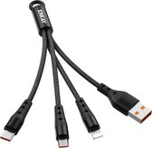 ENKAY ENK-CB400 3-in-1 2.4A USB naar 8-pins + Micro USB + USB-C / Type-C Mini draagbare stoffen textuur ronde kabel oplaadkabel, lengte: 14 cm (zwart)