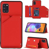 Voor Samsung Galaxy A31 Skin Feel PU + TPU + PC Achterkant Schokbestendig hoesje met kaartsleuven & houder & fotolijst (rood)