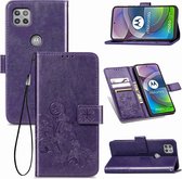 Vierbladige sluiting reliëf gesp Mobiele telefoon bescherming lederen tas met lanyard & kaartsleuf & portemonnee & beugel functie voor Motorola Moto G 5G (paars)