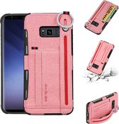 Voor Galaxy S8 stoffen textuur + TPU schokbestendige beschermhoes met metalen ring & houder & kaartsleuven & ophangriem (roze)