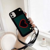 Voor iPhone 11 Pro Max hartpatroon PU + TPU + pc-hoes met kaartsleuf en schouderriem (zwart + groen)