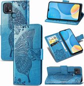 Voor OPPO A15 vlinder liefde bloem reliëf horizontale flip lederen tas met beugel / kaartsleuf / portemonnee / lanyard (blauw)