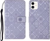 Etnische stijl reliëf patroon horizontale flip lederen tas met houder & kaartsleuven & portemonnee & lanyard voor iPhone 12 Mini (paars)