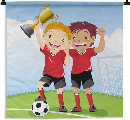 Wandkleed Voetbal illustratie - Een illustratie van twee voetballers die een prijs hebben gewonnen Wandkleed katoen 150x150 cm - Wandtapijt met foto
