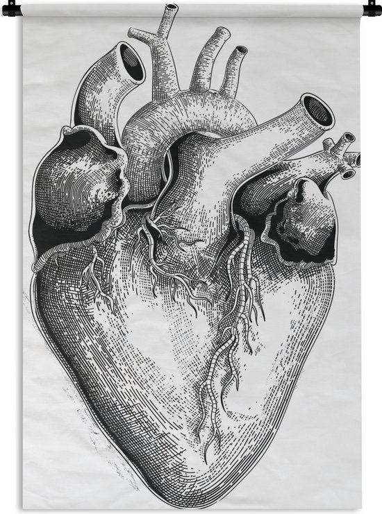 Wandkleed Zwart wit illustratie - Een zwart-wit illustratie van een hart Wandkleed katoen 120x180 cm - Wandtapijt met foto XXL / Groot formaat!