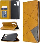 Voor Galaxy A21 ruit textuur horizontale flip magnetische lederen tas met houder & kaartsleuven & portemonnee (geel)