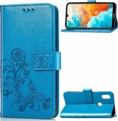 Lucky Clover geperste bloemen patroon lederen tas voor Huawei Y6 2019, met houder & kaartsleuven & portemonnee & draagriem (blauw)