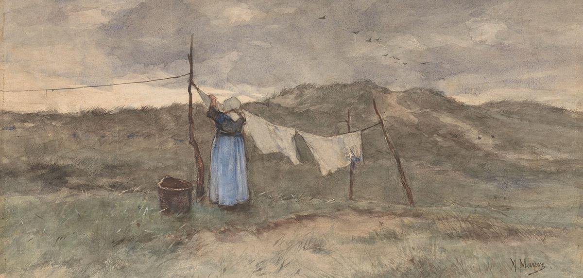 Schilderij - vrouw bij waslijn - Anton Mauve - Collectie ART Facsimile - Forex met blanke lijst - 98x48cm