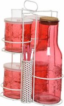 Rode kan 1 liter met 4 drinkglazen met deksel en rietje - Schenkkan - Mason Jars