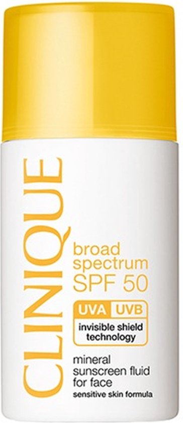 Clinique broad spectrum SPF 50 zonnebrandvloeistof, invisible shield technology, gevoelige huid formule.