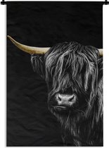 Wandkleed Schotse HooglanderKerst illustraties - Schotse hooglander op een zwarte achtergrond Wandkleed katoen 60x90 cm - Wandtapijt met foto