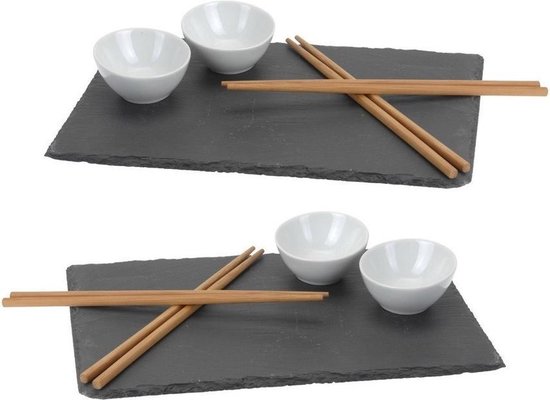 7-Delige sushi set voor 6x personen - Leisteen plankje/kommetje/eetstokjes