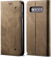 Voor Galaxy S10 denim textuur casual stijl horizontale flip lederen tas met houder en kaartsleuven en portemonnee (kaki)