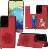 Voor Samsung Galaxy S21 Ultra 5G Mandala reliëf PU + TPU hoesje met houder & kaartsleuven & fotolijst & riem (rood)