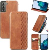 Voor Samsung Galaxy S21 5G Cubic Grid Pressed Horizontal Flip Magnetic PU Leather Case met houder & kaartsleuven & portemonnee (bruin)