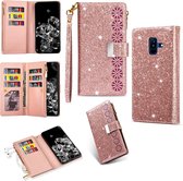 Voor Samsung Galaxy A6 (2018) Multi-kaartsleuven Sterrenhemel Lasergravure Glitter Rits Horizontale Flip Leren Case met Houder & Portemonnee & Lanyard (Rose Goud)