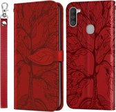 Voor Samsung Galaxy A11 (EU-versie) Life of Tree Embossing Pattern Horizontale flip lederen tas met houder & kaartsleuf & portemonnee & fotolijst & lanyard (rood)