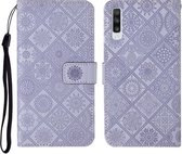 Voor Samsung Galaxy A50 etnische stijl reliëf patroon horizontale flip lederen tas met houder & kaartsleuven & portemonnee & lanyard (paars)