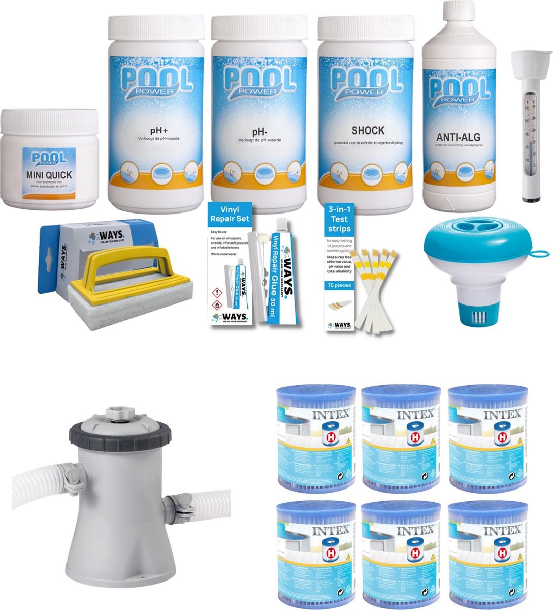 WAYS - Zwembad Onderhoud - Pakket Small Deluxe & Filterpomp 1250 L/u & 6 Filters Type H