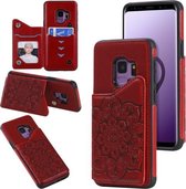 Voor Samsung Galaxy S9 bloem reliëf patroon schokbestendig beschermhoes met houder & kaartsleuven & fotolijst (rood)