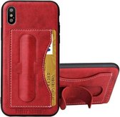 Fierre Shann voor iPhone X / XS volledige dekking beschermende lederen tas met houder en kaartsleuf (rood)